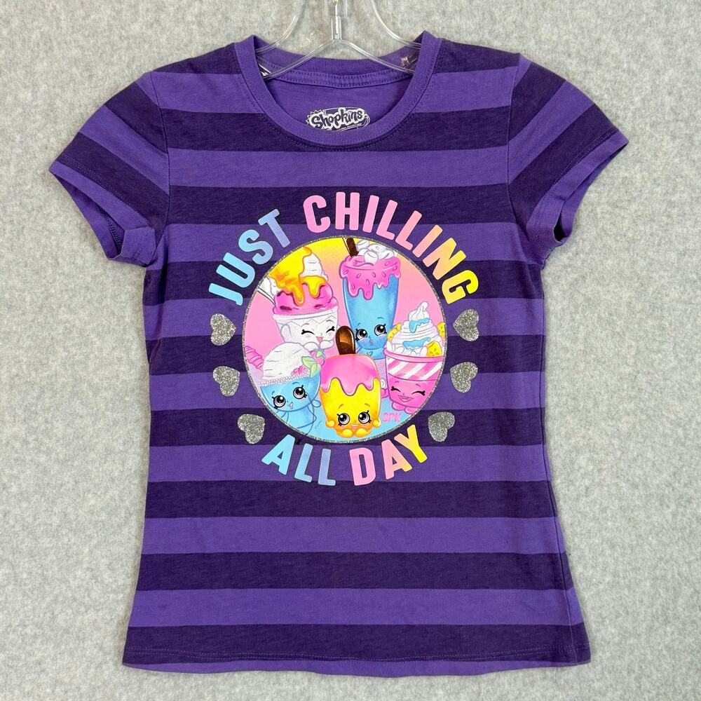 Shopkins Girls T-Shirt Just Chilling All Day Size 7-8 Striped 2016 Fun Novelty